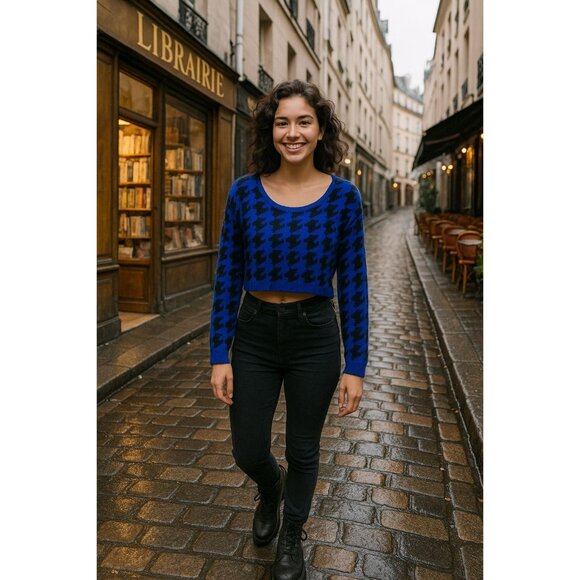 36 Point 5 Small Blue Black Houndstooth Crop Sweater Bold Knit Streetwear - Picture 3 of 11